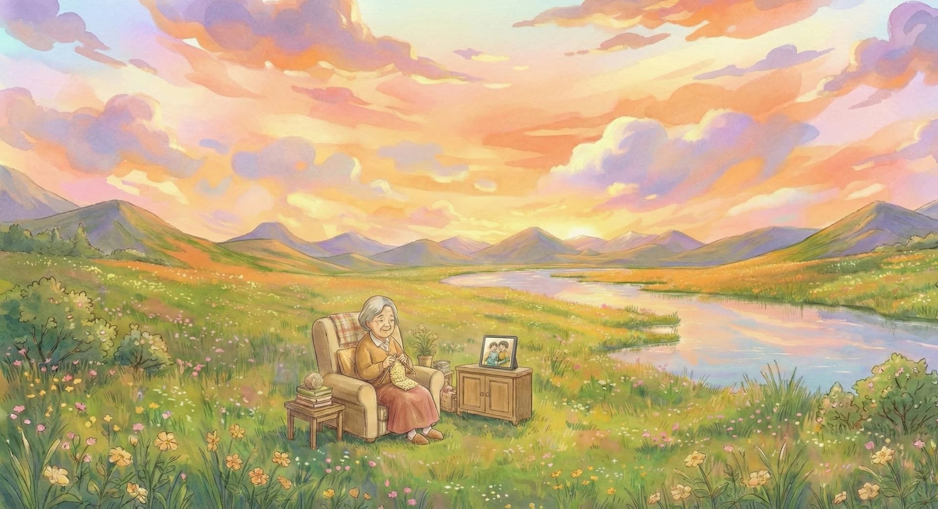 Une grand-mère paisible regarde un cadre photo numérique dans un paysage champêtre